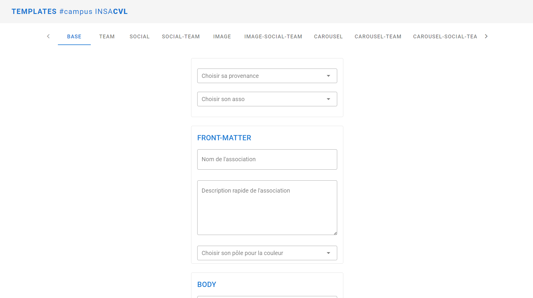 Capture d'écran du site. On y voit le formulaire permettant de créer du contenu. Il est possible de choisir le template via un slider en haut de la page.
