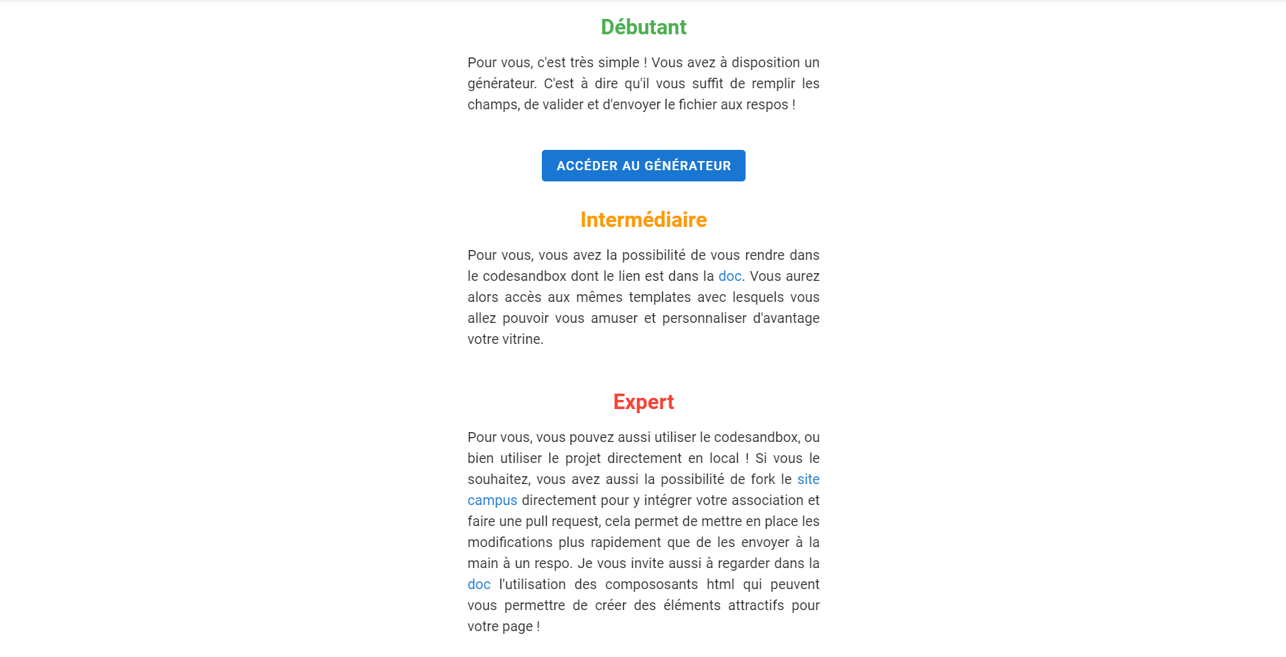 Capture d'écran du site. On y voir 3 paragraphes où chacun explique comment utiliser le générateur en fonction de son niveau, débutant, intermédiaire et expert.