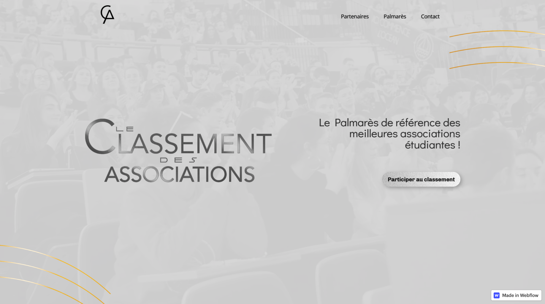 Capture d'écran du précédent site du Classement des Associations. On peut y voir à gauche, un titre avec "Le Classement des Associations" et à droite un sous-titre "Le Palmarès de référence des meilleures associations étudiantes". Un bouton sous le sous-titre permet de participer au classement.